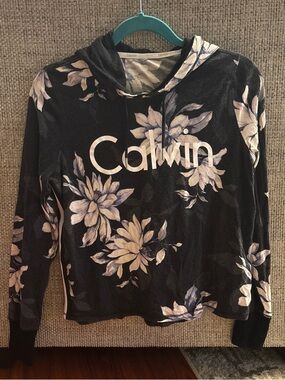 Calvin Klein Black Hoodie with White Floral Print and Logo